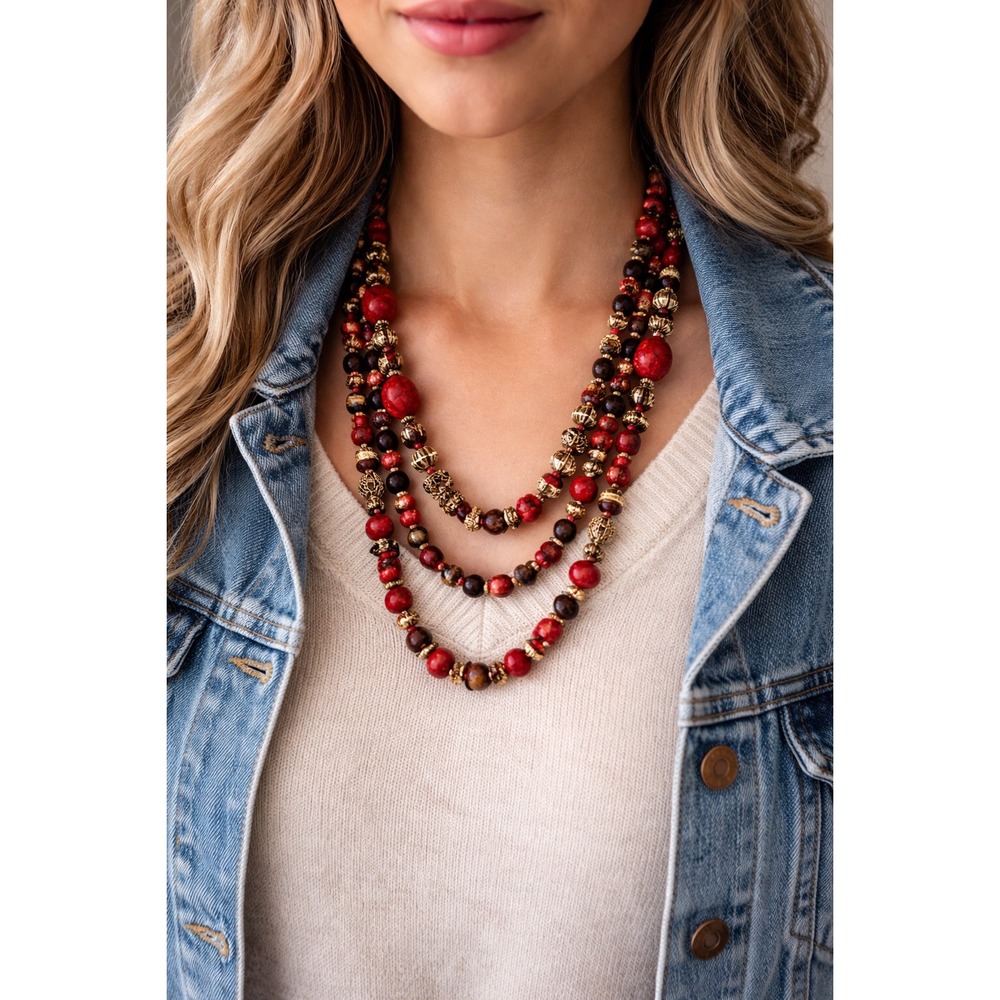 Boho Multi Strand Necklace Red Coral Look Tiger Eye Beaded Gold Filigree